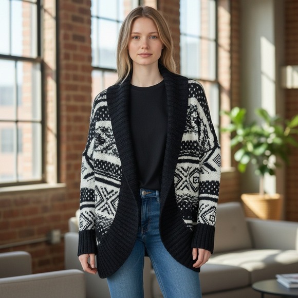 Abercrombie & Fitch Sweaters - Abercrombie Fitch Cardigan Sweater One Size Black White Fair Isle Shawl Collar